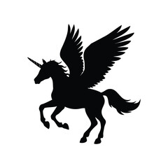 Silhouette of a graceful pegasus unicorn with large wings and horn, unicorn with wings spread silhouette vector illustration