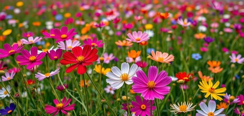 Obraz premium Vibrant cosmos flowers in a field, showcasing diverse colors and textures, meadow, wildflower