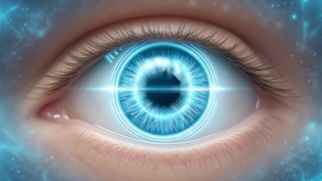A glowing human eye with digital iris scan patterns, symbolizing proof of human identity through technology and digital verification.