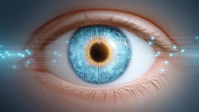 A glowing human eye with digital iris scan patterns, symbolizing proof of human identity through technology and digital verification.