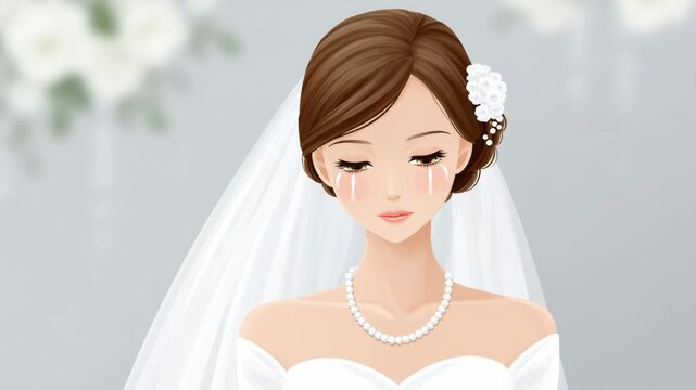A bride in a wedding dress crying sadly, symbolizing disappointment and unfulfilled love. Misunderstanding and incompatibility in a relationship.