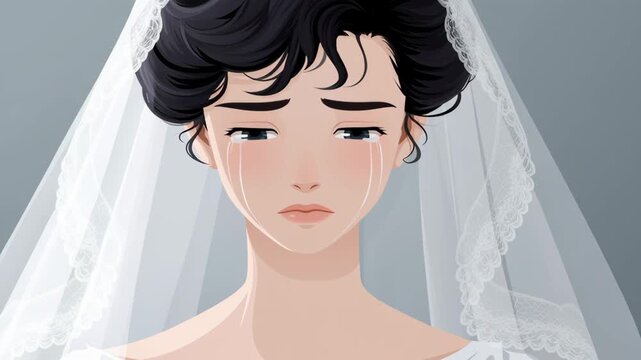 A bride in a wedding dress crying sadly, symbolizing disappointment and unfulfilled love. Misunderstanding and incompatibility in a relationship.