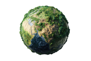 Green earth cut out isolated on white background showcasing vibrant landscapes, forests, and bodies of water in a unique and artistic representation of our planet