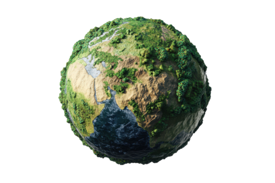 Green earth cut out isolated on white background showcasing vibrant landscapes, forests, and bodies of water in a unique and artistic representation of our planet