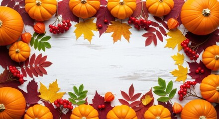 Autumnal Abundance: Pumpkins, Berries, and Colorful Leaves on Rustic White Wood