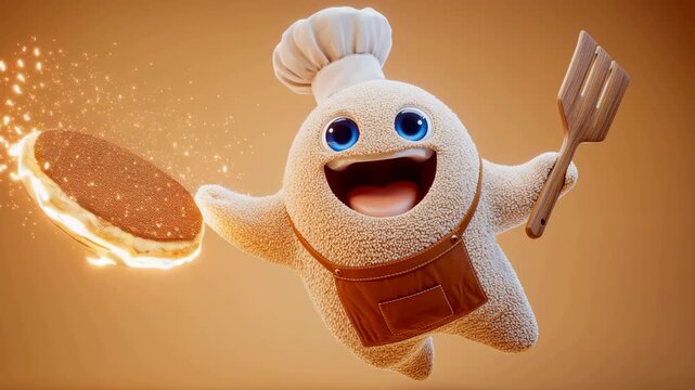 a cute cartoon character dressed as a chef, holding a wooden spatula.