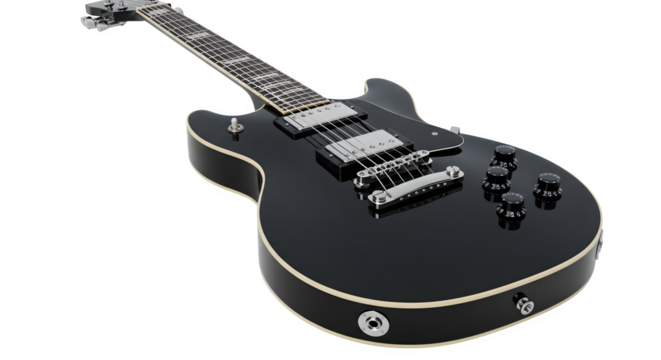 Black guitar shows its polished surface under even lighting. Use it for music-related product photography, concert posters, or musical instrument store branding. - Powered by Adobe