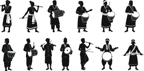 Silhouettes of traditional musicians playing drums, flutes, and string instruments, ethnic music, cultural performers, folk band, musical heritage. © CreativeArtist