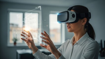 Side view of a woman using a VR headset to manipulate a holographic building design.