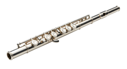 Silver flute shines, shows detailed keys, makes music background.