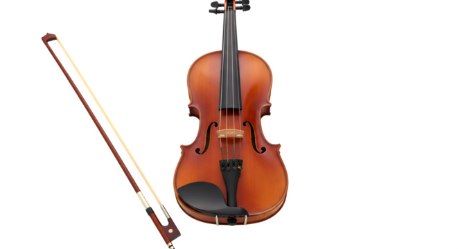 Brown violin and bow rest, spotlighting wooden textures. Great for music-themed backgrounds, posters, and product displays.