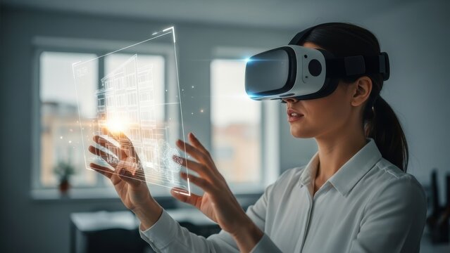 Side view of a woman using a VR headset to manipulate a holographic building design.