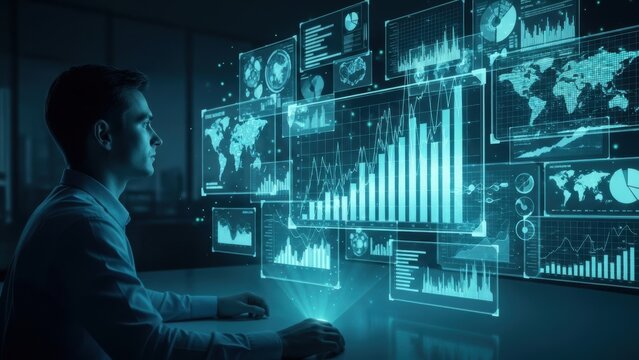 Man analyzing complex data visualizations on multiple holographic screens.