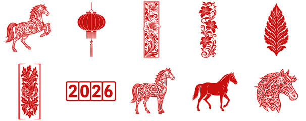 Red Chinese paper-cut vector set featuring horse zodiac symbols, lantern, floral ornaments and 2026 number for Lunar New Year celebration. Cultural art concept
