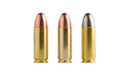 Three different colored bullets are lined up on a white background