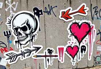 Grunge street graffiti sticker kit with skull, heart, arrow, and urban elements,  balaclava,  etro