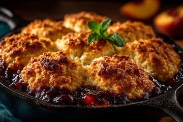 Delicious peach cobbler in cast iron skillet perfect for summer desserts and special occasions