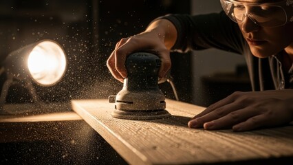 A person wearing safety goggles using a power sander on a wooden plank.