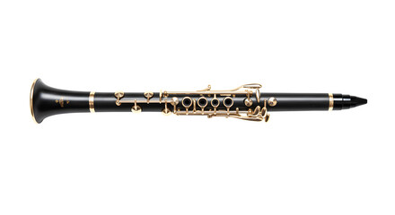 Black clarinet with gold keys shines against a dark background. Use for music posters, instrument product photography, and branding.