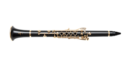 Black clarinet with gold keys shines against a dark background. Use for music posters, instrument product photography, and branding.