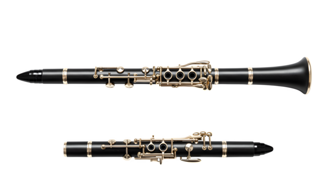 Black clarinet shines with gold accents, creating a polished look for product photography and musical instrument posters.