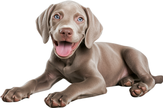 Playful gray puppy enjoying a sunny day full of fun and adventure in the backyard while showing off its cheerful personality