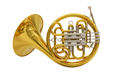 Obraz premium Gold French Horn Gleams Against Black Backdrop, Ideal for Music Posters and Classical Branding.