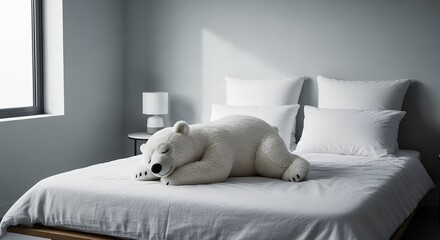 A plush white polar bear sleeping on a bed with white linen and pillows near a window. concept for children's room decor,  comfort items and soft toy promotion