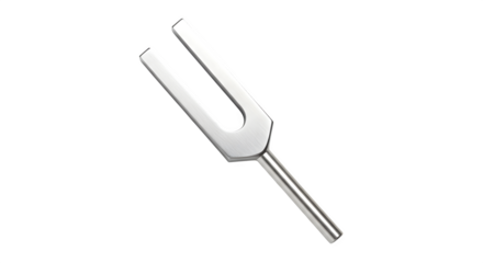 Shiny silver tuning fork stands out, high contrast, for sound therapy, audio engineering illustrations.