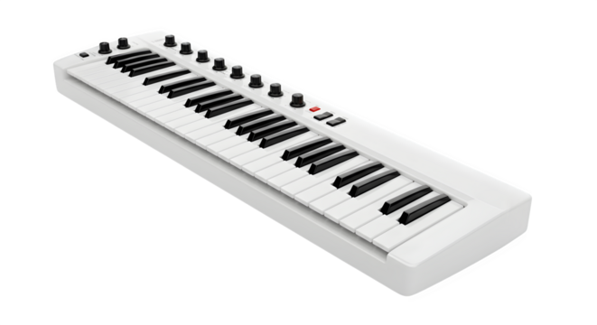 White Midi keyboard with black keys shows a glossy surface. Ideal for music product photography, digital posters, and branding.