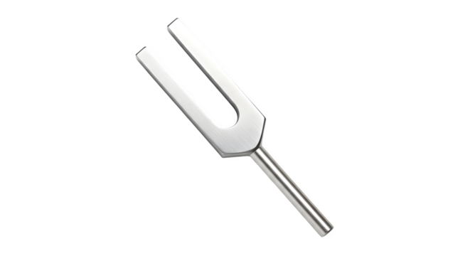 Shiny silver tuning fork stands out, high contrast, for sound therapy, audio engineering illustrations.