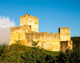 Majestic Medieval Castle on a Hilltop Under a Clear Blue Sky, Sunny Day