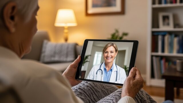 An elderly woman having a video consultation with a female doctor on a tablet.