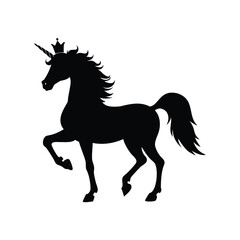 Silhouette of a majestic unicorn rearing up with a crown on its head, unicorn with a crown silhouette vector illustration