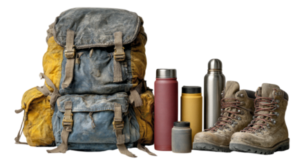 Outdoor Backpack with Water Bottles and Hiking Boots