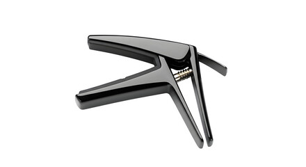Guitar capo with metal finish is isolated against a black background for product photography and branding assets.