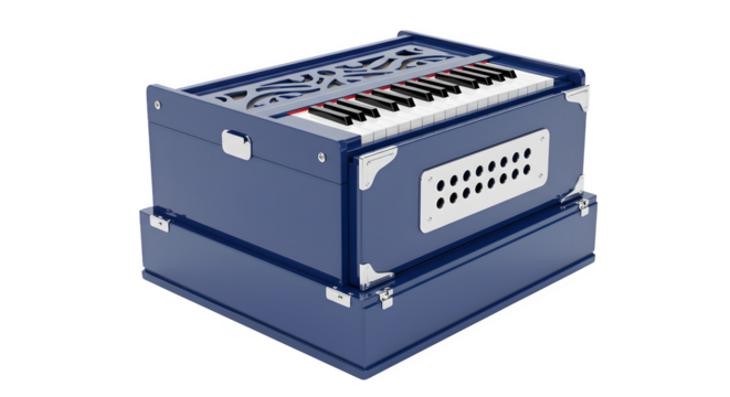 Blue harmonium with keys is isolated on a black background. Use for product showcases, music related marketing materials, or presentations.