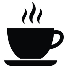 Solid black silhouette of a coffee cup with steam rising isolated on white background