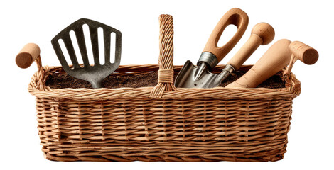 Garden Tools in a Basket on a Transparent Background