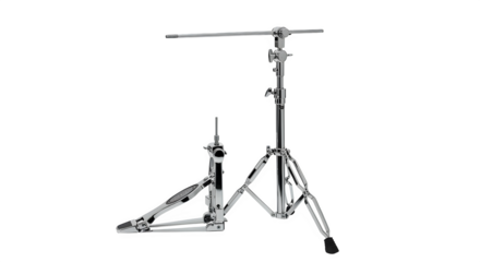 Chrome drum hardware gleams on black, showcasing percussion equipment for music product marketing.