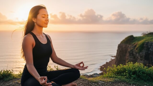 An Asian woman with her eyes closed, meditating on a cliff by the sea at sunrise.