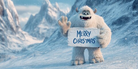 Cute yeti holding Merry Christmas sign in snowy mountains