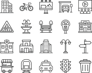 City infrastructure line icons with buildings transport street signs and public services - Set of city infrastructure line icons showing urban elements like transport, buildings, traffic lights
