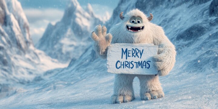 Cute yeti holding Merry Christmas sign in snowy mountains