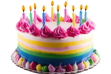 Colorful birthday cake with multiple candles in a festive setting, showcasing vibrant layers and decorative frosting, perfect for celebrating special occasions and making memories