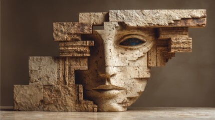 Abstract stone face, pieced together from blocks of light brown stone, with a deep blue eye