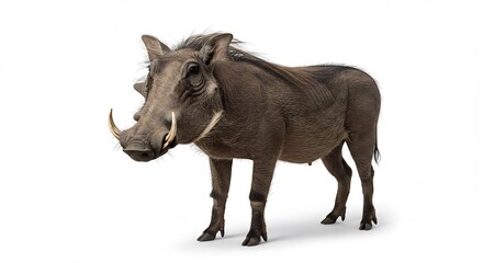 Fototapeta premium Phacoch�re puissant pose fi�rement fond blanc lumi�re naturelle. AI Generated