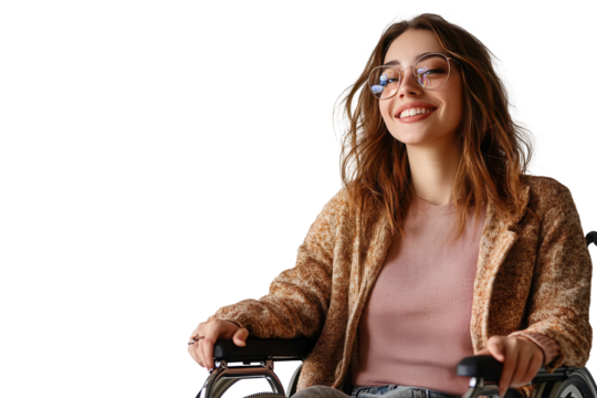 Smiling woman in stylish wheelchair enjoys a moment of joy indoors at a bright setting during a cheerful afternoon