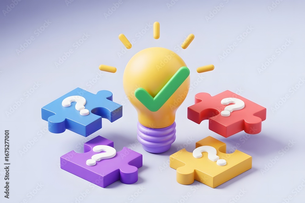Poster bright yellow lightbulb with a green checkmark symbolizing a solved problem or successful idea surro