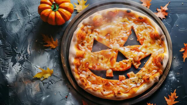 Cinematic shot of Halloween pizza shaped like jack o lantern face, surrounded by pumpkins and dry autumn leaves on rustic wooden background, festive seasonal concept.